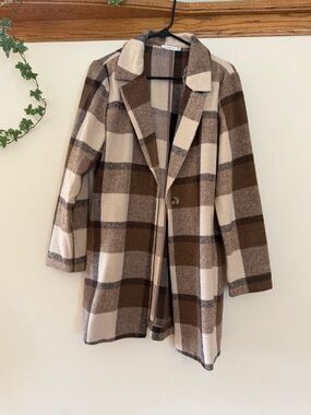 Staccato Brown & Cream Plaid Single-Button Pea Coat